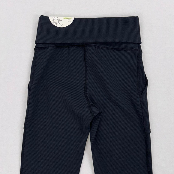 Aerie Offline Womens Fold Over Ribbed Flare Legging Small Black - Picture 10 of 16